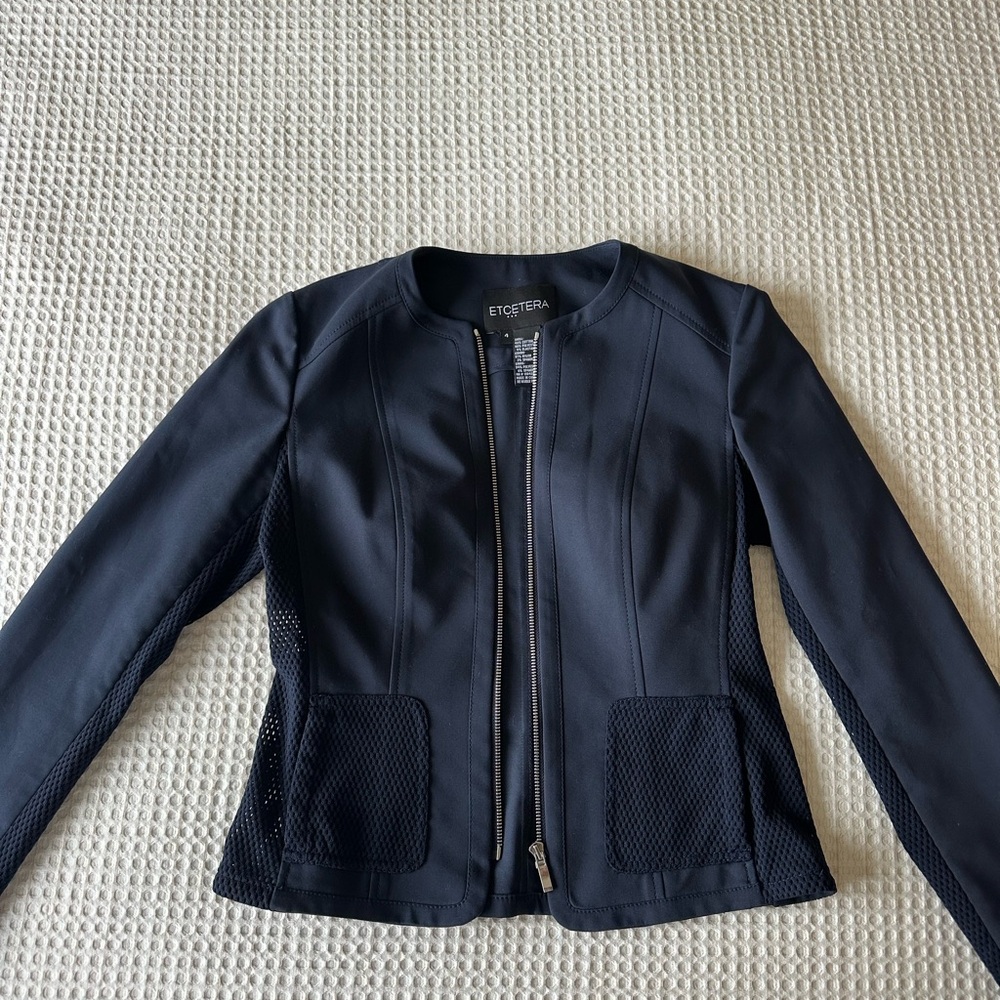 Etcetera Navy Zip-Front Mesh-Pocket Blazer